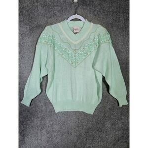 Jaclyn Smith Sweater Womens Size Large Green Pastel Beaded Vintage Long Sleeve‎